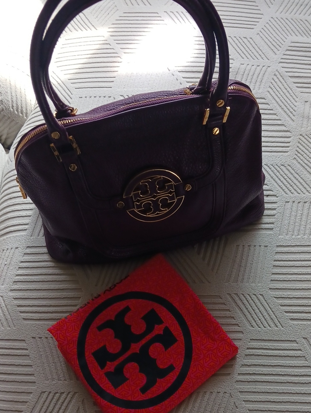 Tory Burch Purple Leather Double-Handle Satchel with Gold Logo & Original Dusty